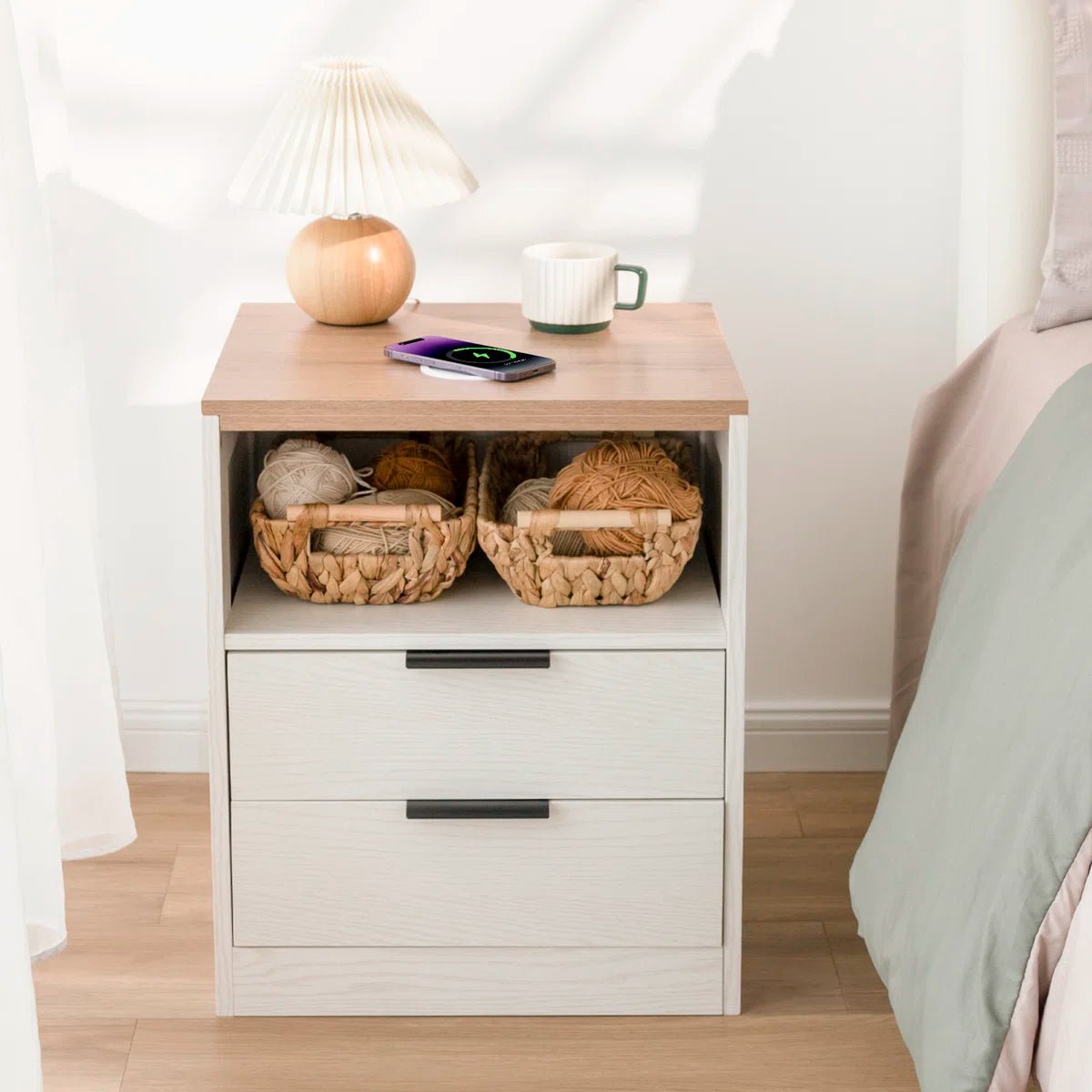 LED Wood Nightstand with Charging Station - White/SW9707CLWT