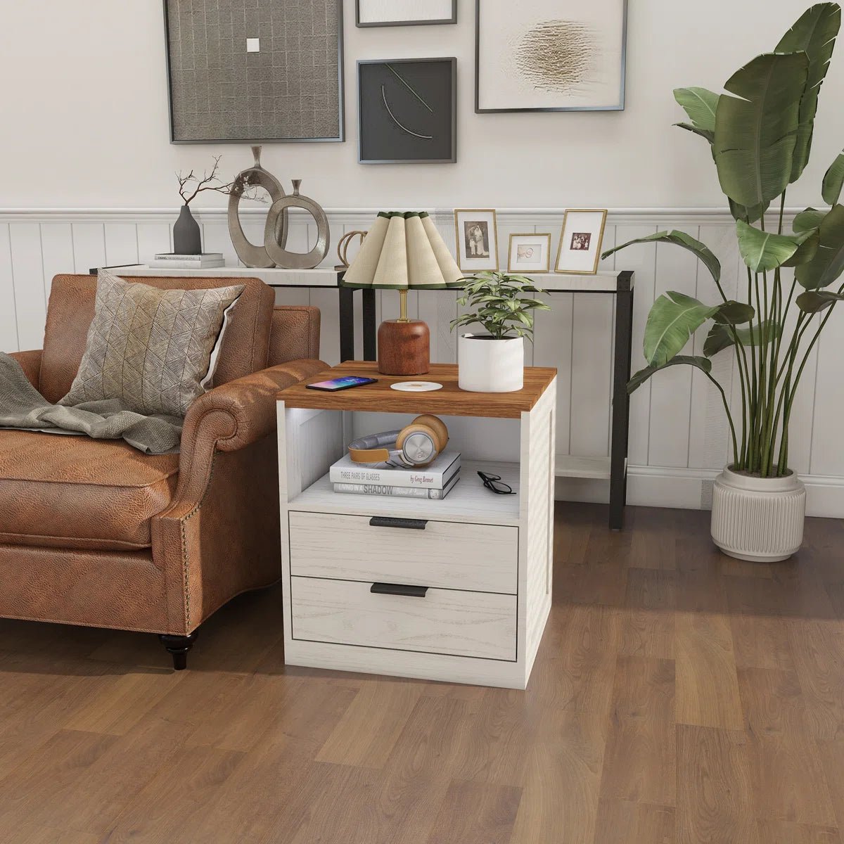 LED Wood Nightstand with Charging Station - White/SW9707CLWT