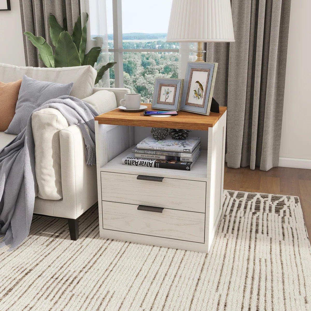LED Wood Nightstand with Charging Station - White/SW9707CLWT