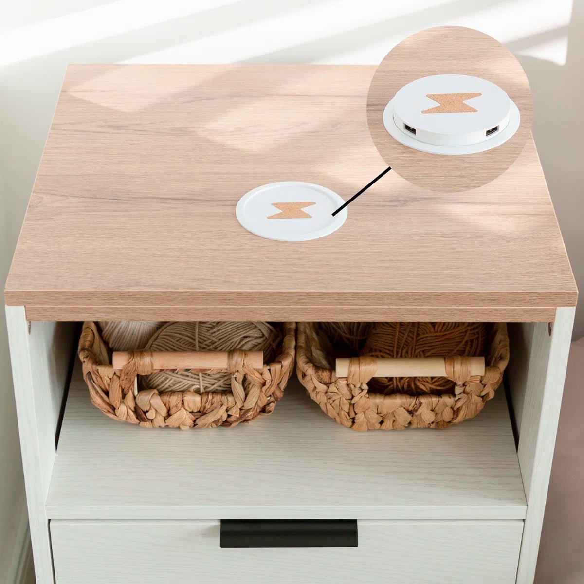 LED Wood Nightstand with Charging Station - White/SW9707CLWT