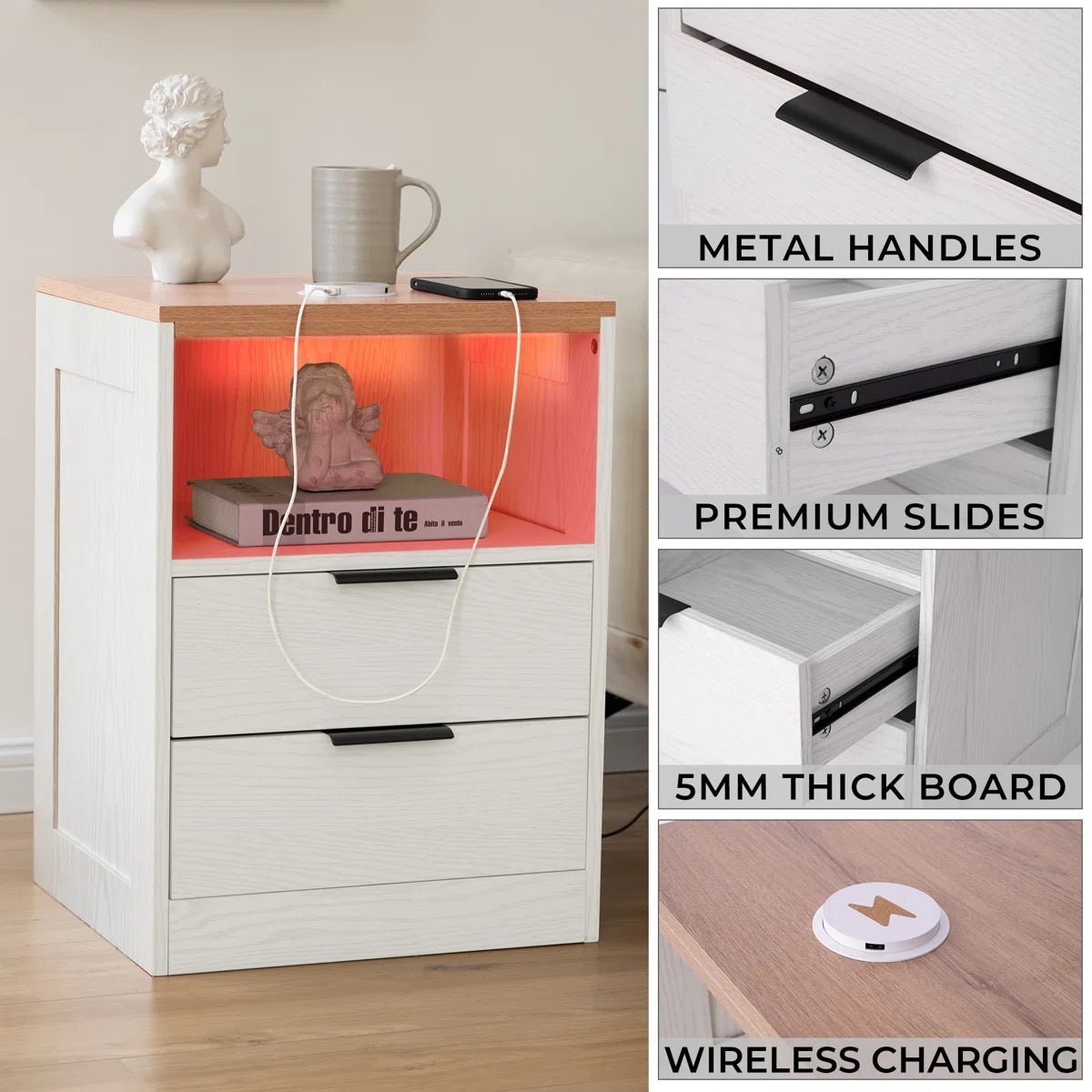 LED Wood Nightstand with Charging Station - White/SW9707CLWT