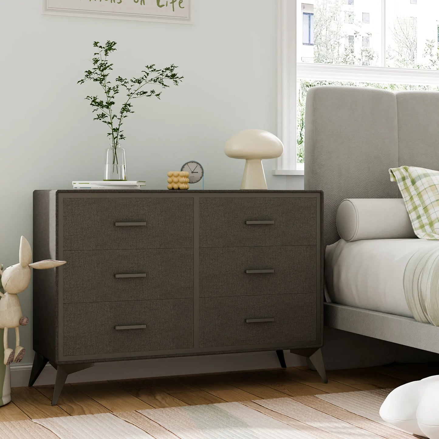 Mid-Century Modern 6-Drawer Wood Storage Cabinet with Tapered Legs -Brown/SW9727AHGT