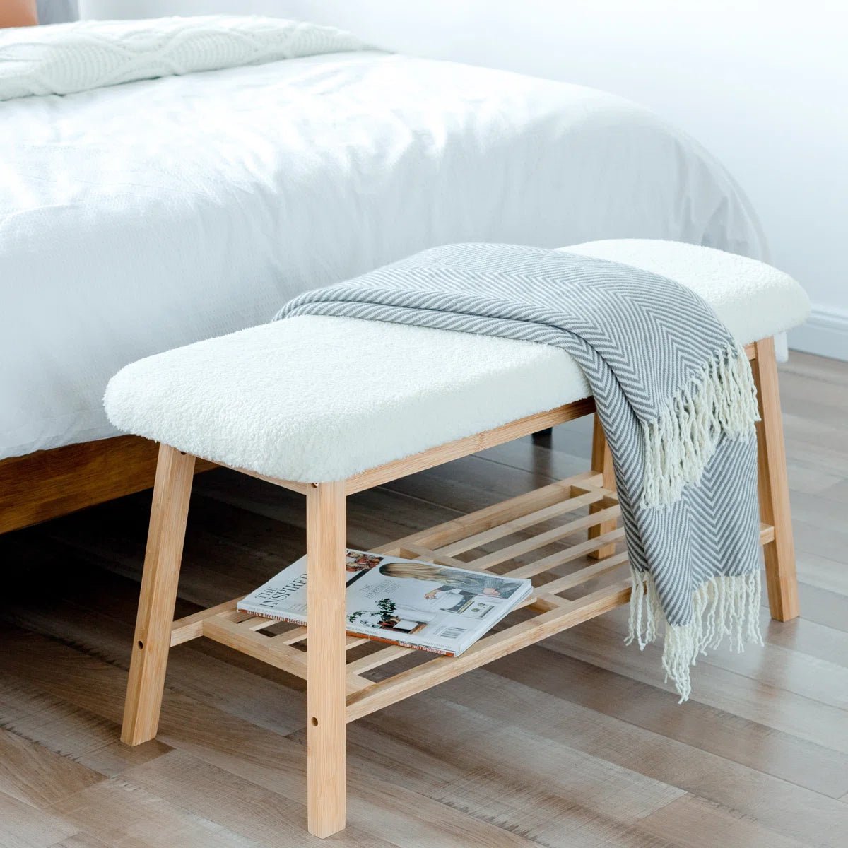 Modern Entryway Shoe Bench with Wood Frame and Storage Shelf -White/SW9701ALWR