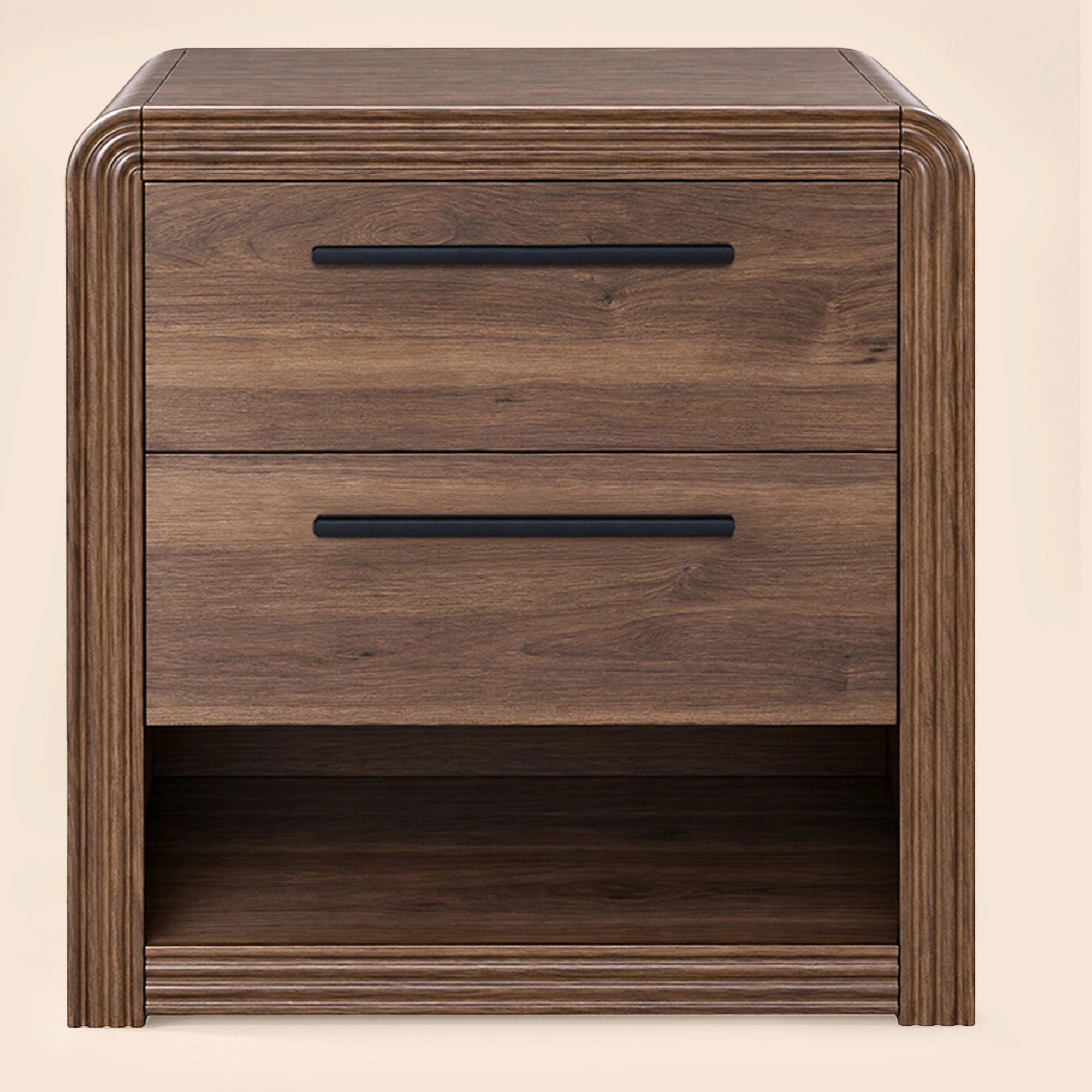 Modern Fluted Nightstand with 2 Drawers & Open Shelf
