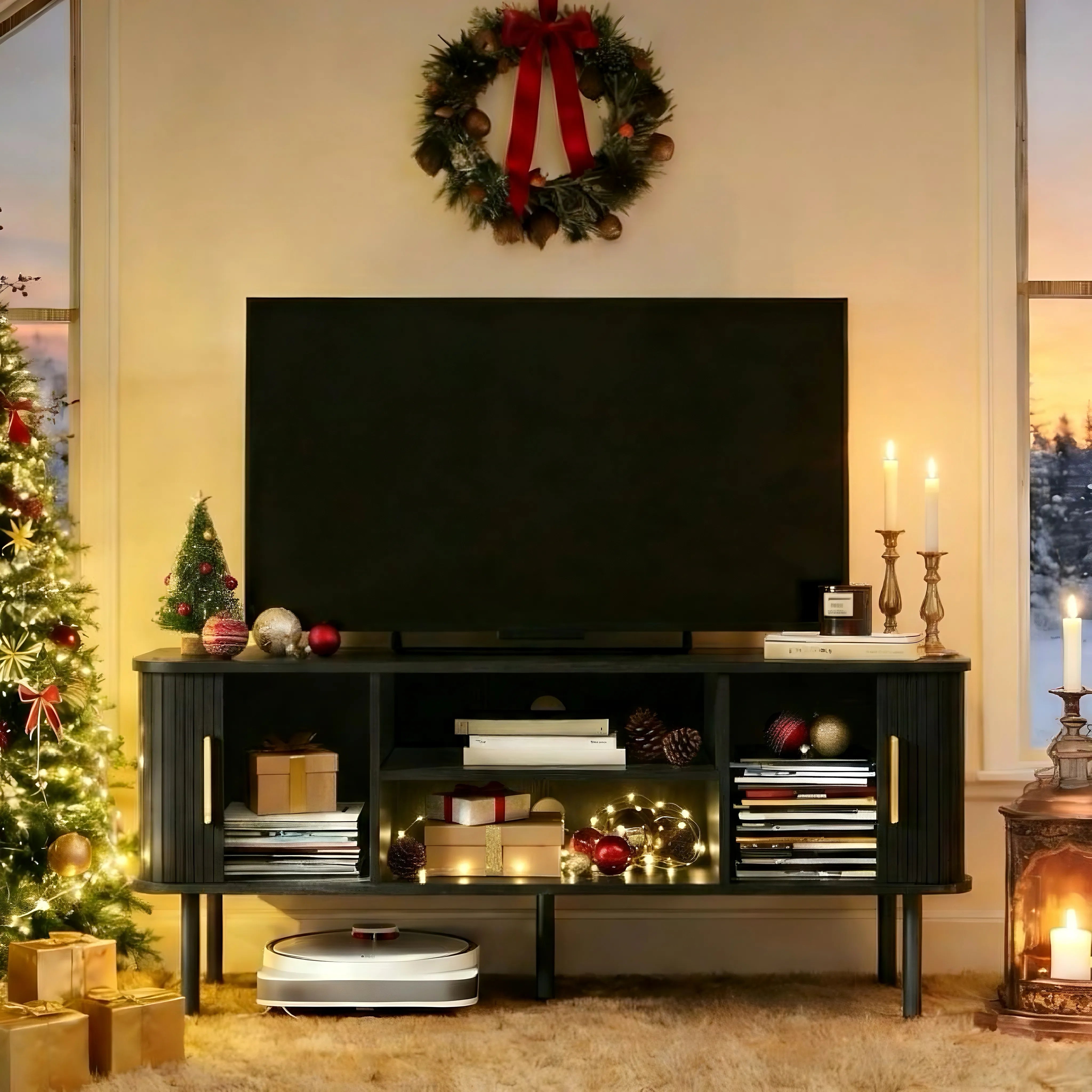 Modern Media Console Tambour TV Stand for 32" - 70" TVs - Black/SW9722AHKB