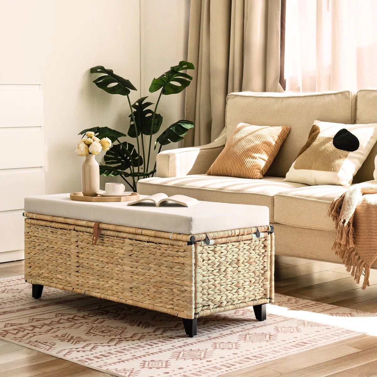 Wicker Upholstered Bench with Storage - Brown/SW9728BHTI