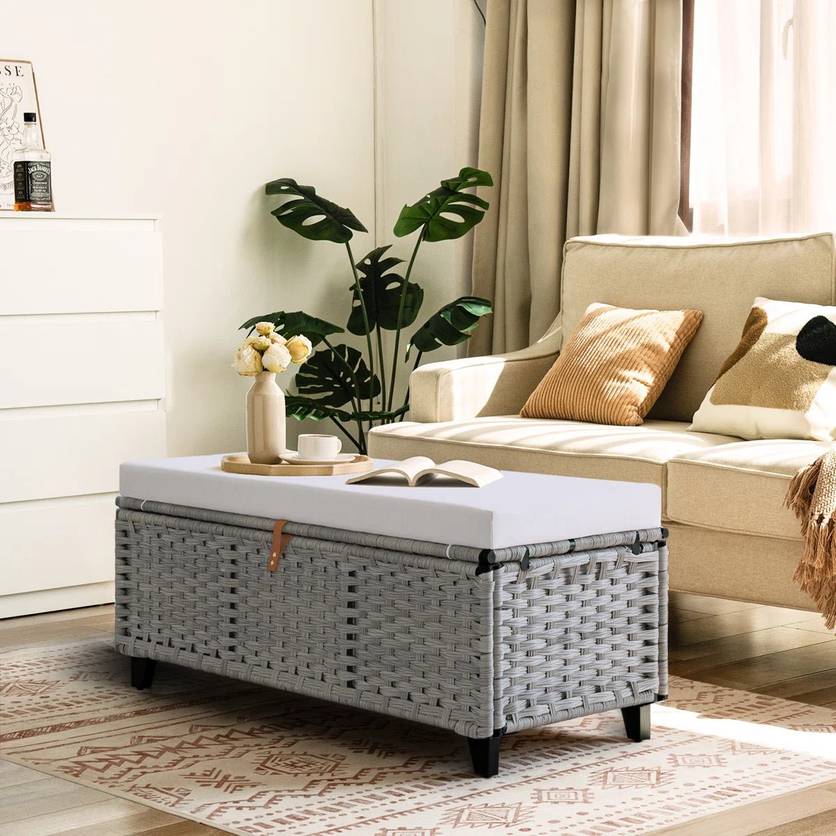 Wicker Upholstered Bench with Storage - Gray/SW9728BHEP