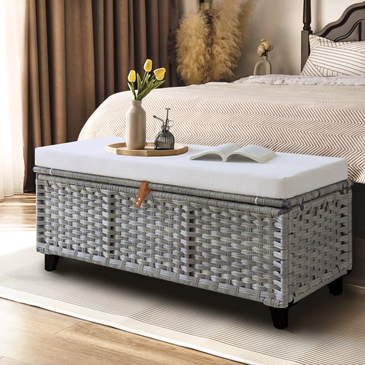 Wicker Upholstered Bench with Storage - Gray/SW9728BHEP