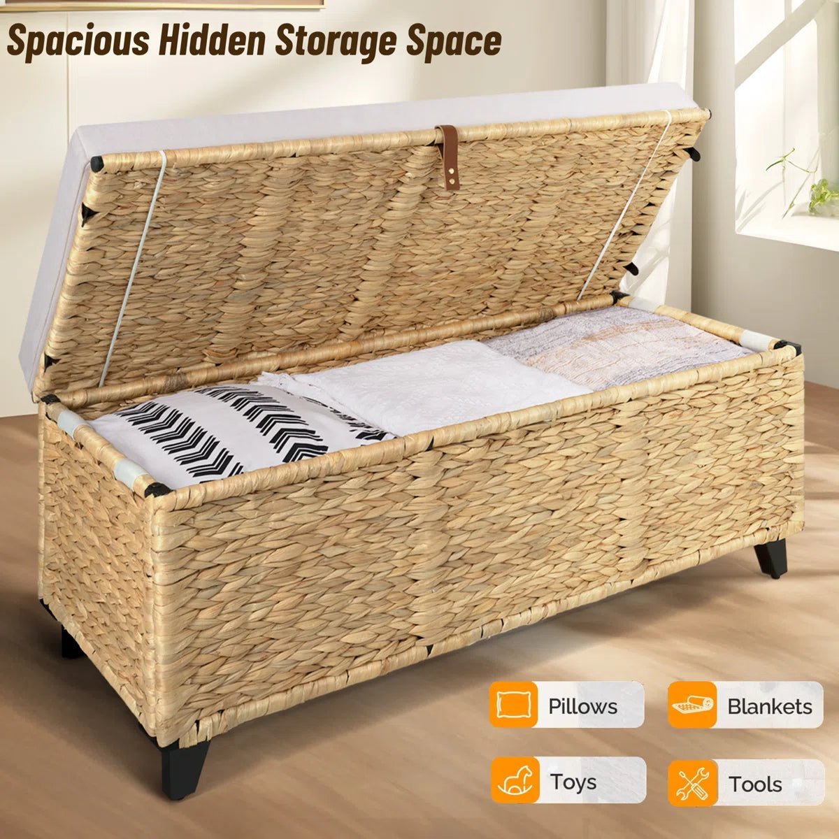 Wicker Upholstered Bench with Storage - Brown/SW9728BHTI
