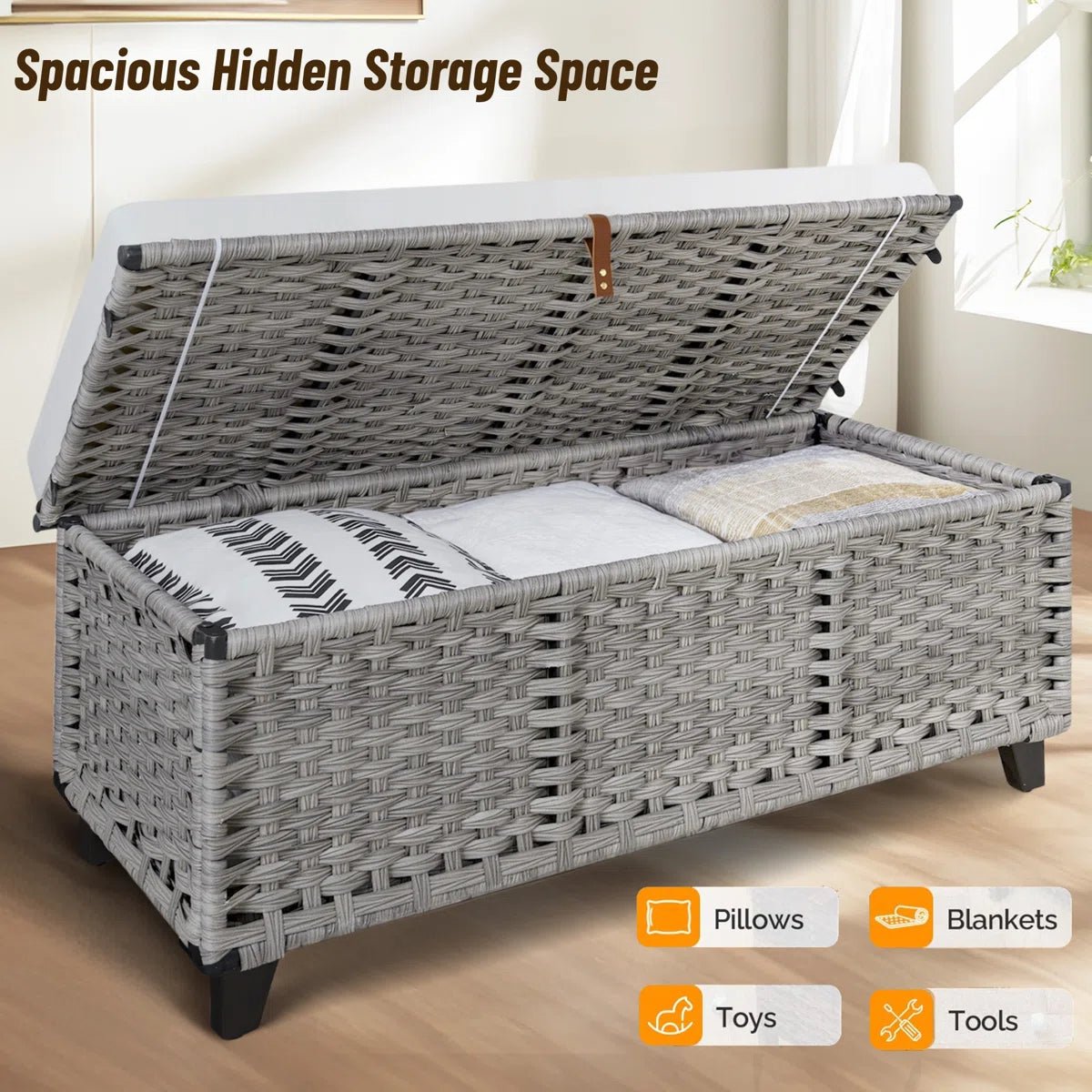Wicker Upholstered Bench with Storage - Gray/SW9728BHEP