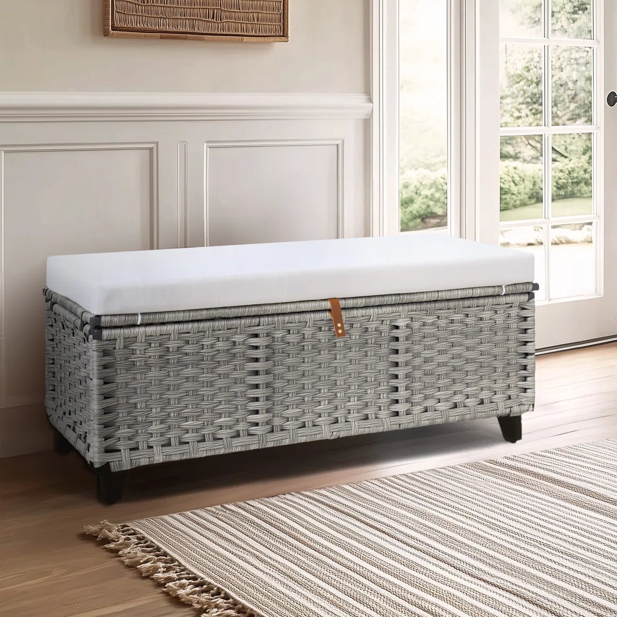 Wicker Upholstered Bench with Storage - Gray/SW9728BHEP