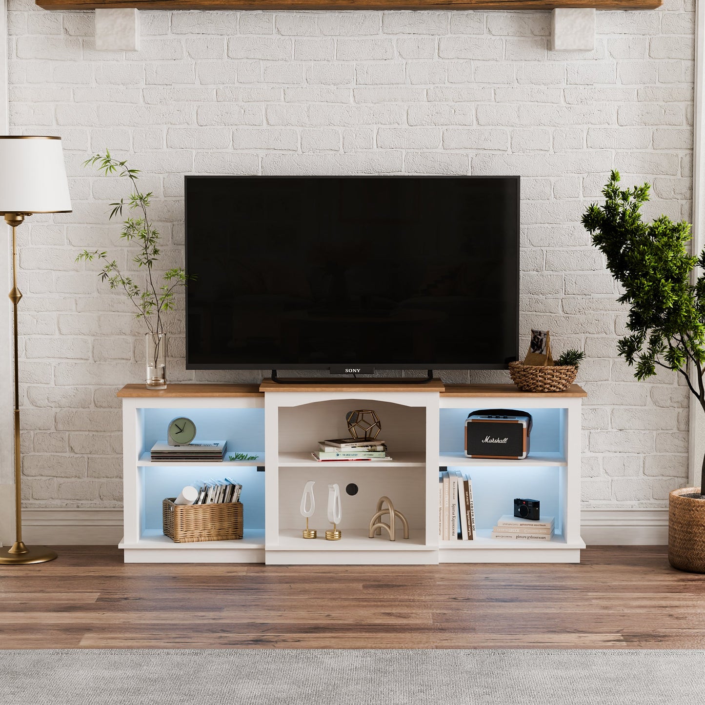 Wood LED Lightning Entertainment Center with Adjustable Shelves Fit for TVs up to 80" -/
