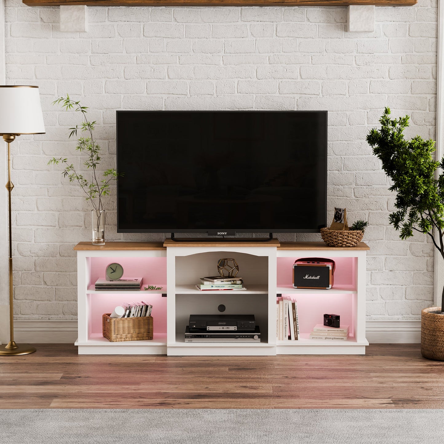 Wood LED Lightning Entertainment Center with Adjustable Shelves Fit for TVs up to 80" -/