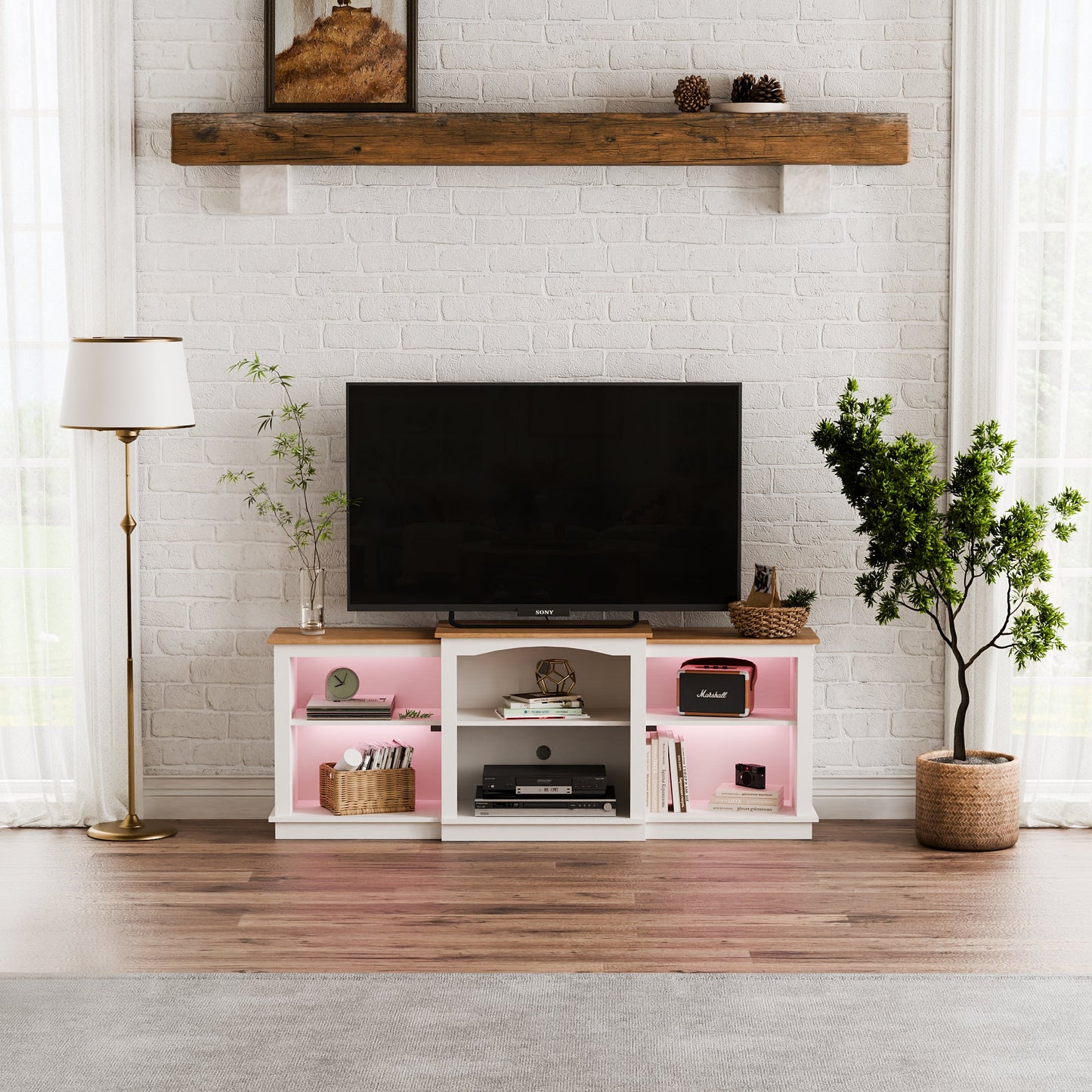 Wood LED Lightning Entertainment Center with Adjustable Shelves Fit for TVs up to 80" -/