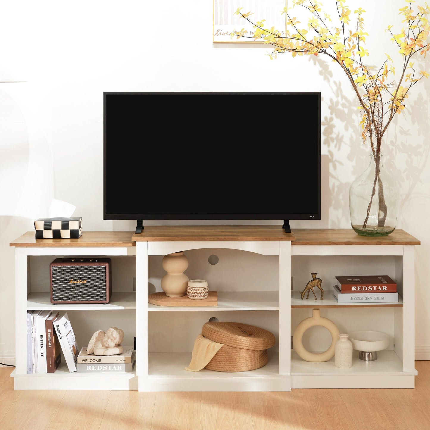 Wood LED Lightning Entertainment Center with Adjustable Shelves Fit for TVs up to 80" -/