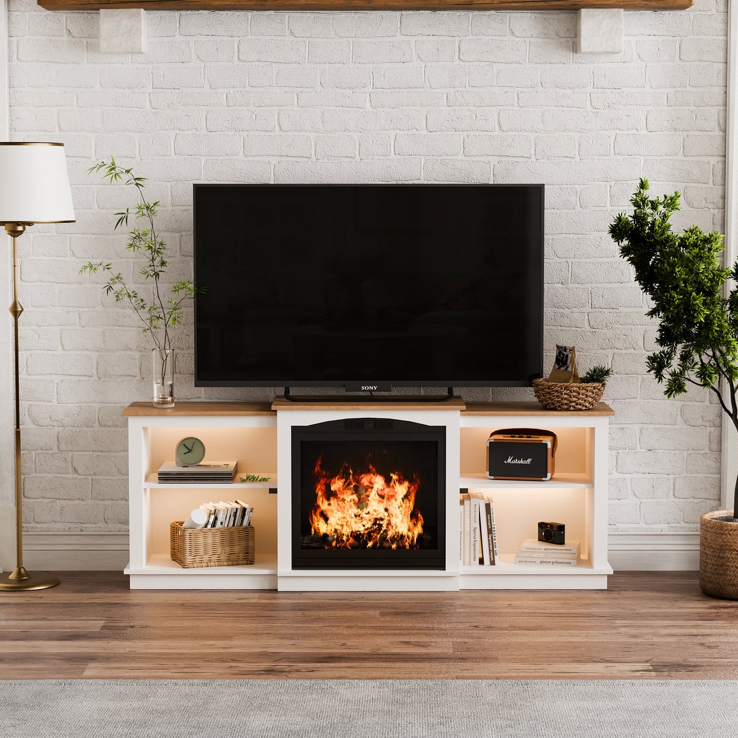 Wood LED Lightning Entertainment Center with Adjustable Shelves Fit for TVs up to 80" -/