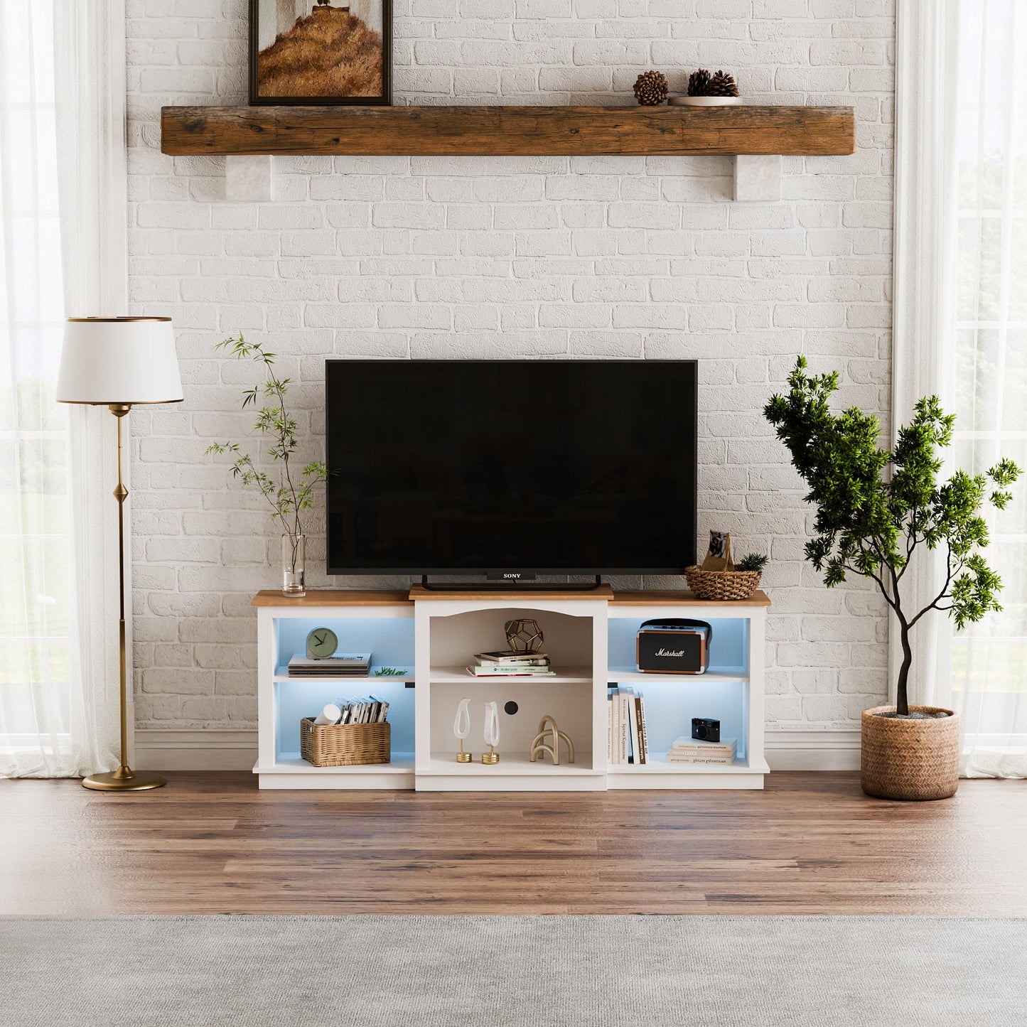 Wood LED Lightning Entertainment Center with Adjustable Shelves Fit for TVs up to 80" -/
