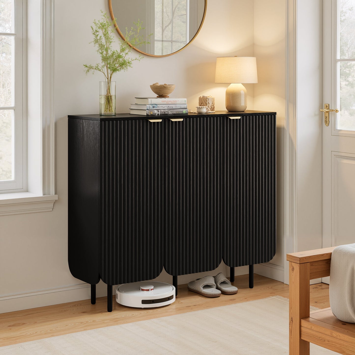 22 Pair Modern Fluted Shoe Cabinet with Adjustable Shelves - Black/SW9709ALWN-1