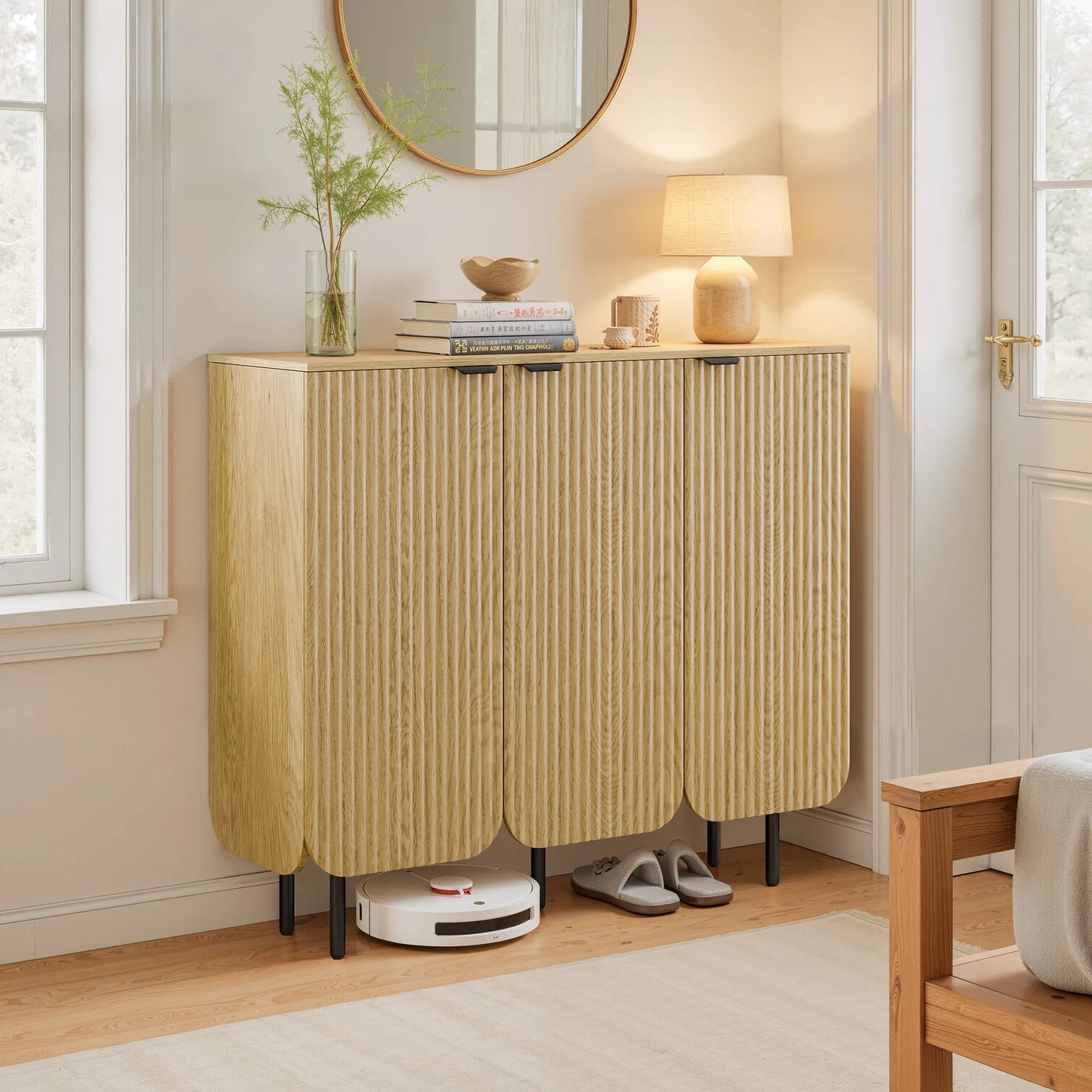 22 Pair Modern Fluted Shoe Cabinet with Adjustable Shelves - Natural/SW9709ALWN-2