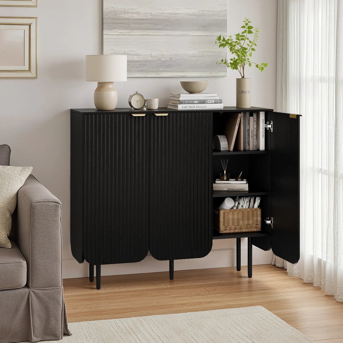 22 Pair Modern Fluted Shoe Cabinet with Adjustable Shelves - Black/SW9709ALWN-1