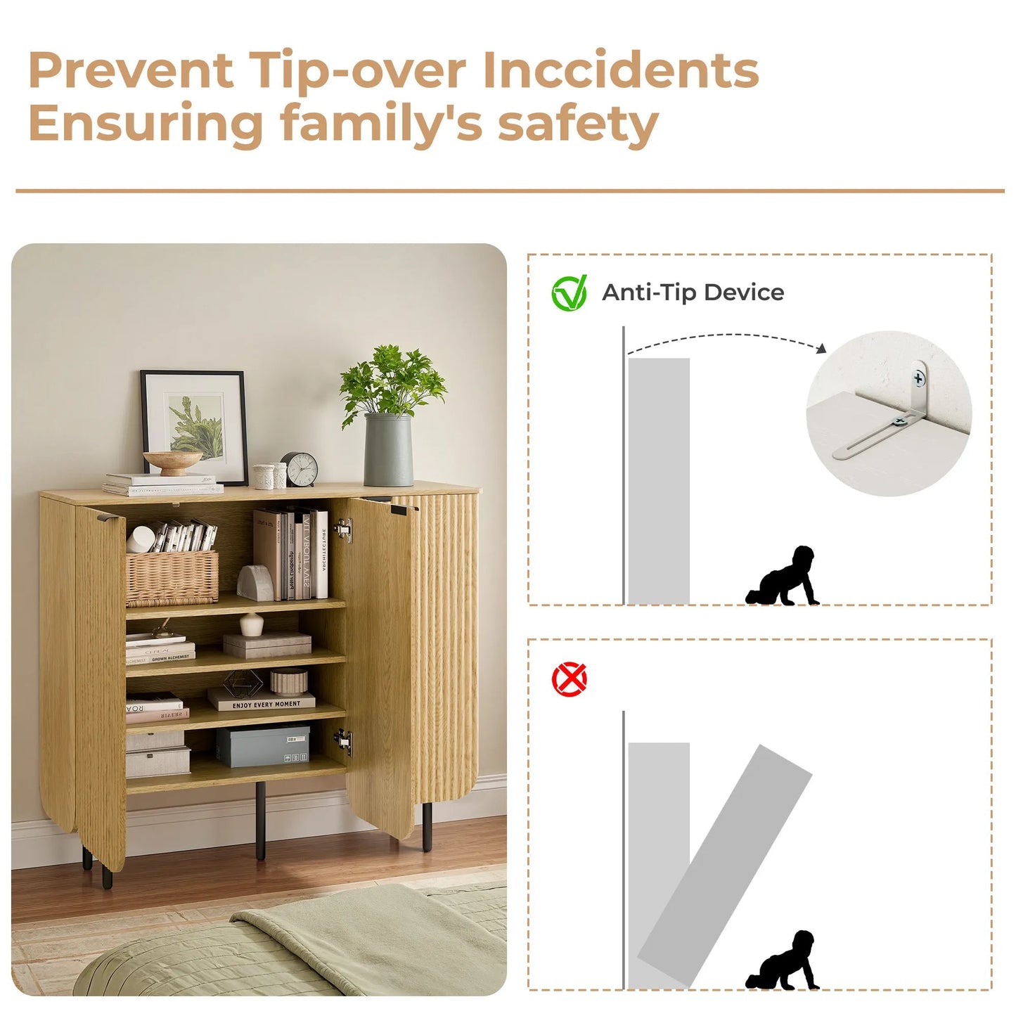 22 Pair Modern Fluted Shoe Cabinet with Adjustable Shelves - Natural/SW9709ALWN-2