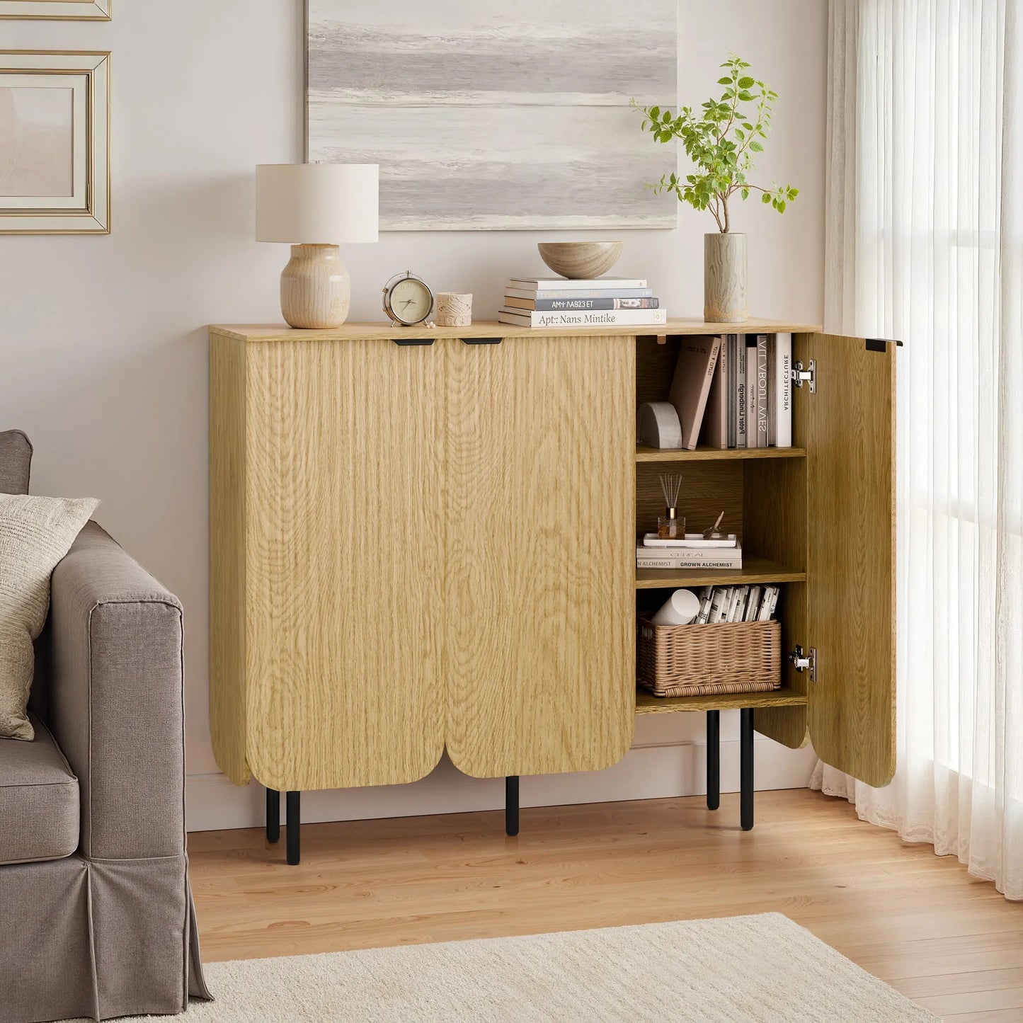 22 Pair Modern Fluted Shoe Cabinet with Adjustable Shelves - Natural/SW9709ALWN-2