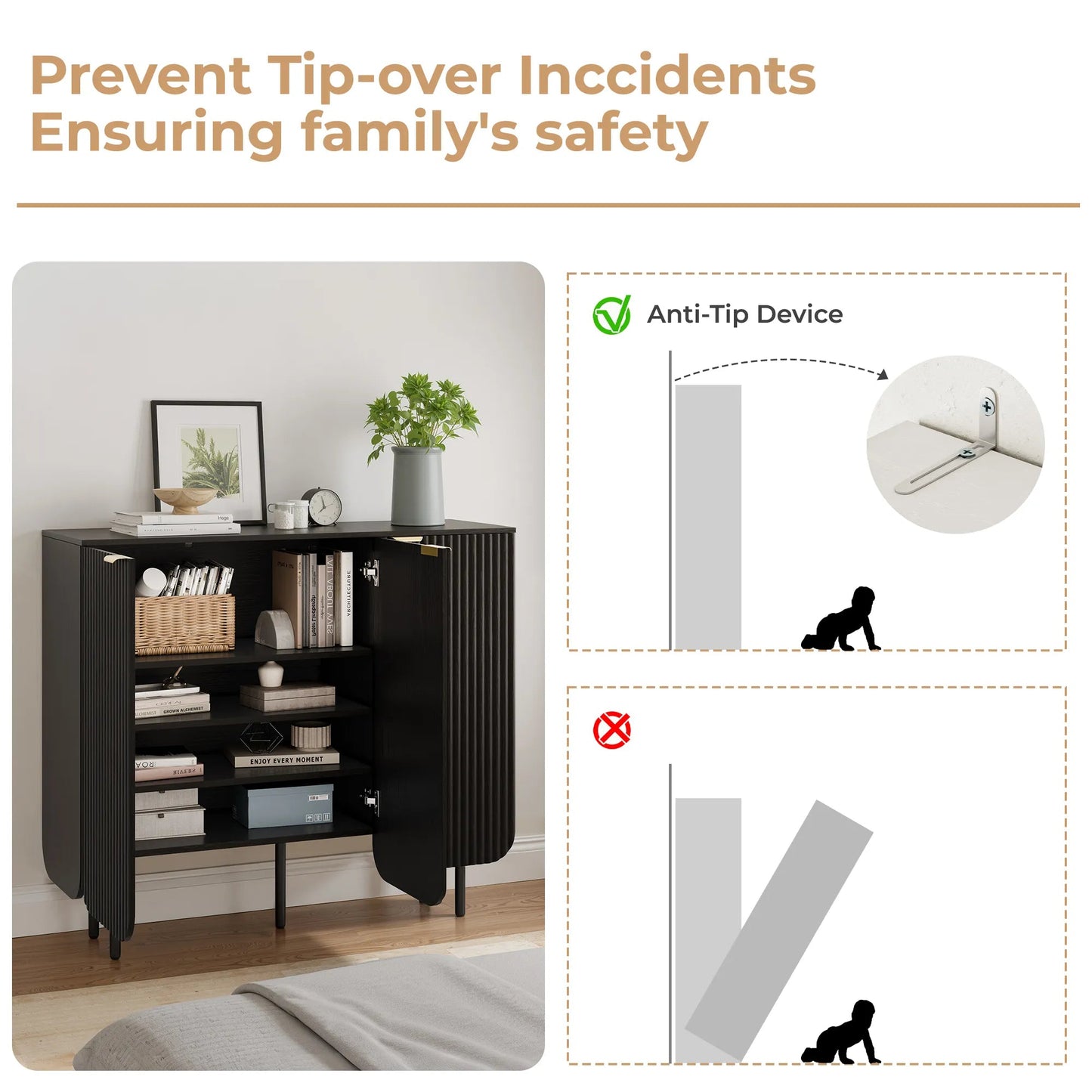 22 Pair Modern Fluted Shoe Cabinet with Adjustable Shelves - Black/SW9709ALWN-1