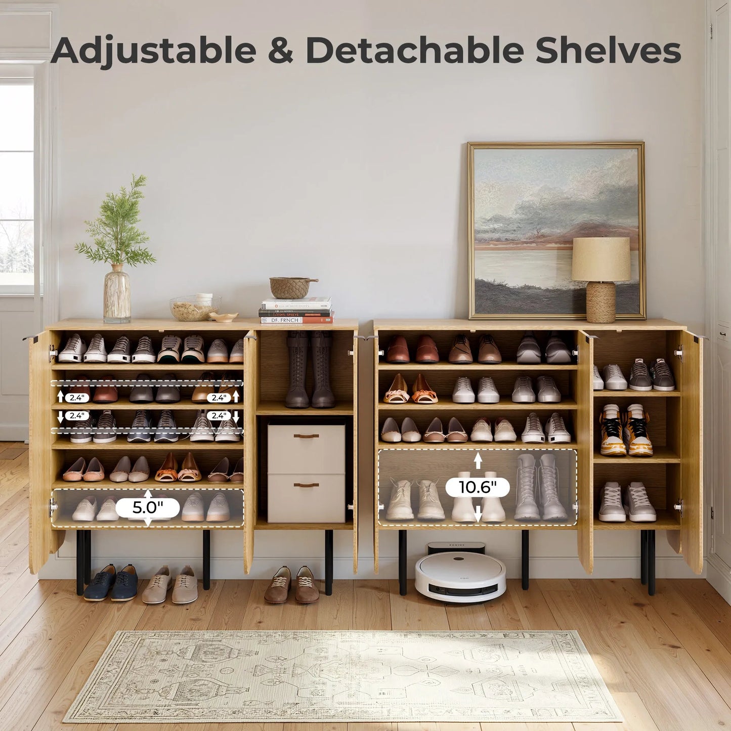 22 Pair Modern Fluted Shoe Cabinet with Adjustable Shelves - Natural/SW9709ALWN-2