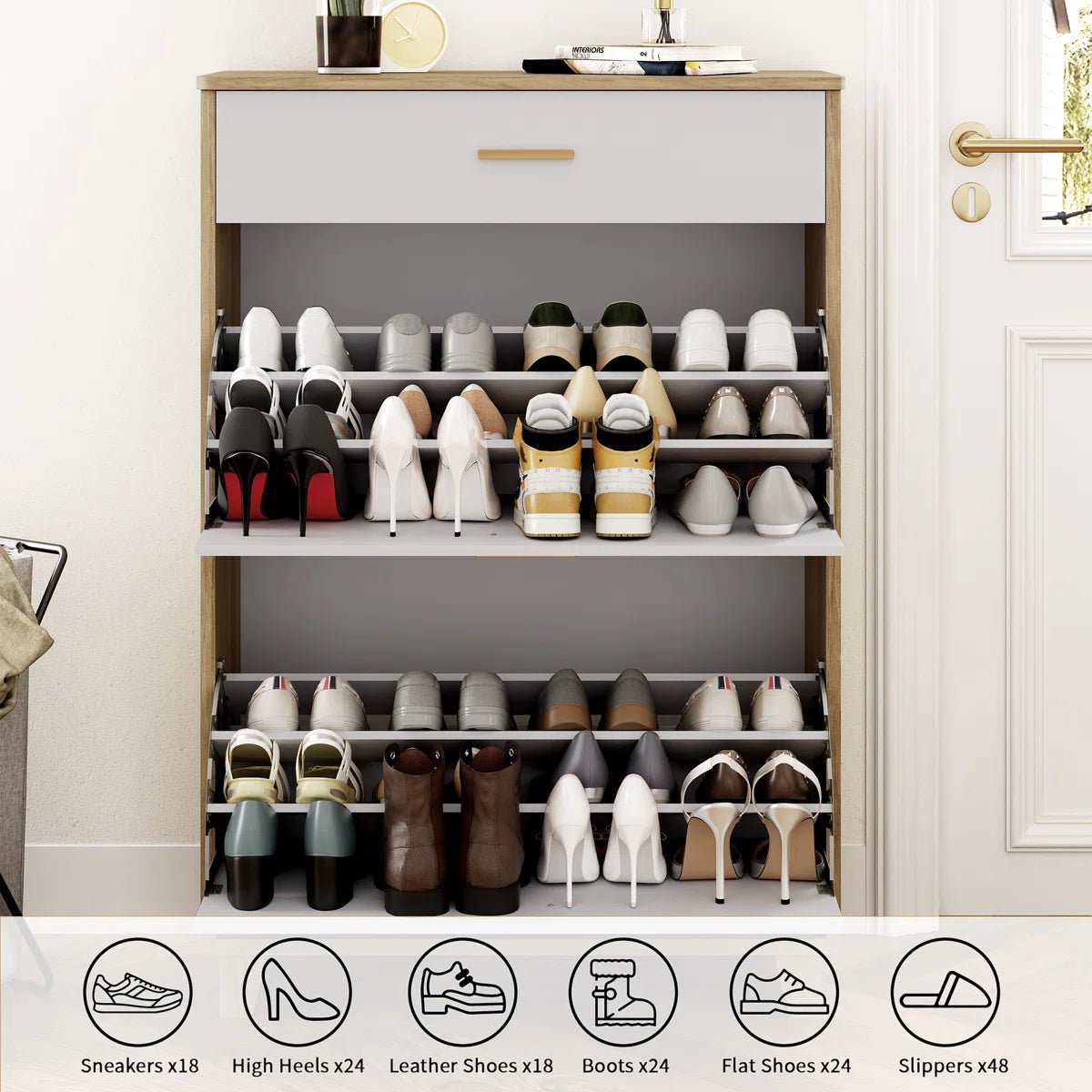 24 - 30 Pair Shoe Storage Cabinet with Flip Drawer - White/SW9709AKWN