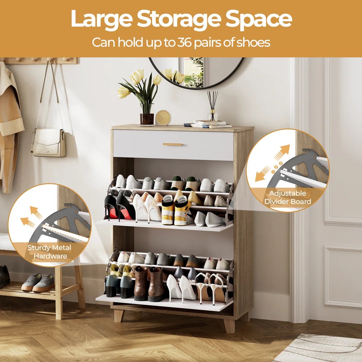 24 - 30 Pair Shoe Storage Cabinet with Flip Drawer - White/SW9709AKWN
