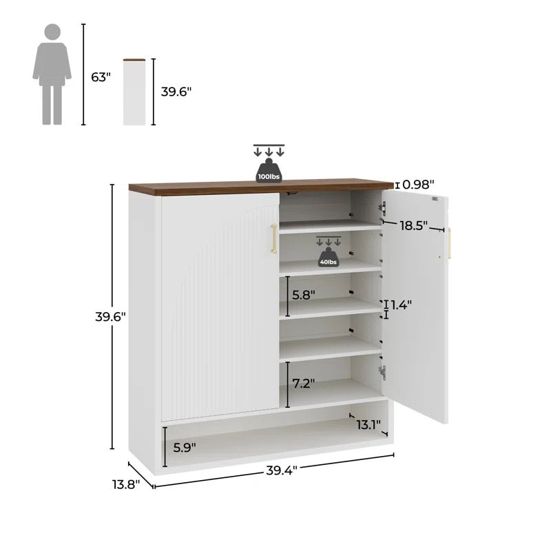 24 Pair Shoe Storage Cabinet with Adjustable Shelves - White/