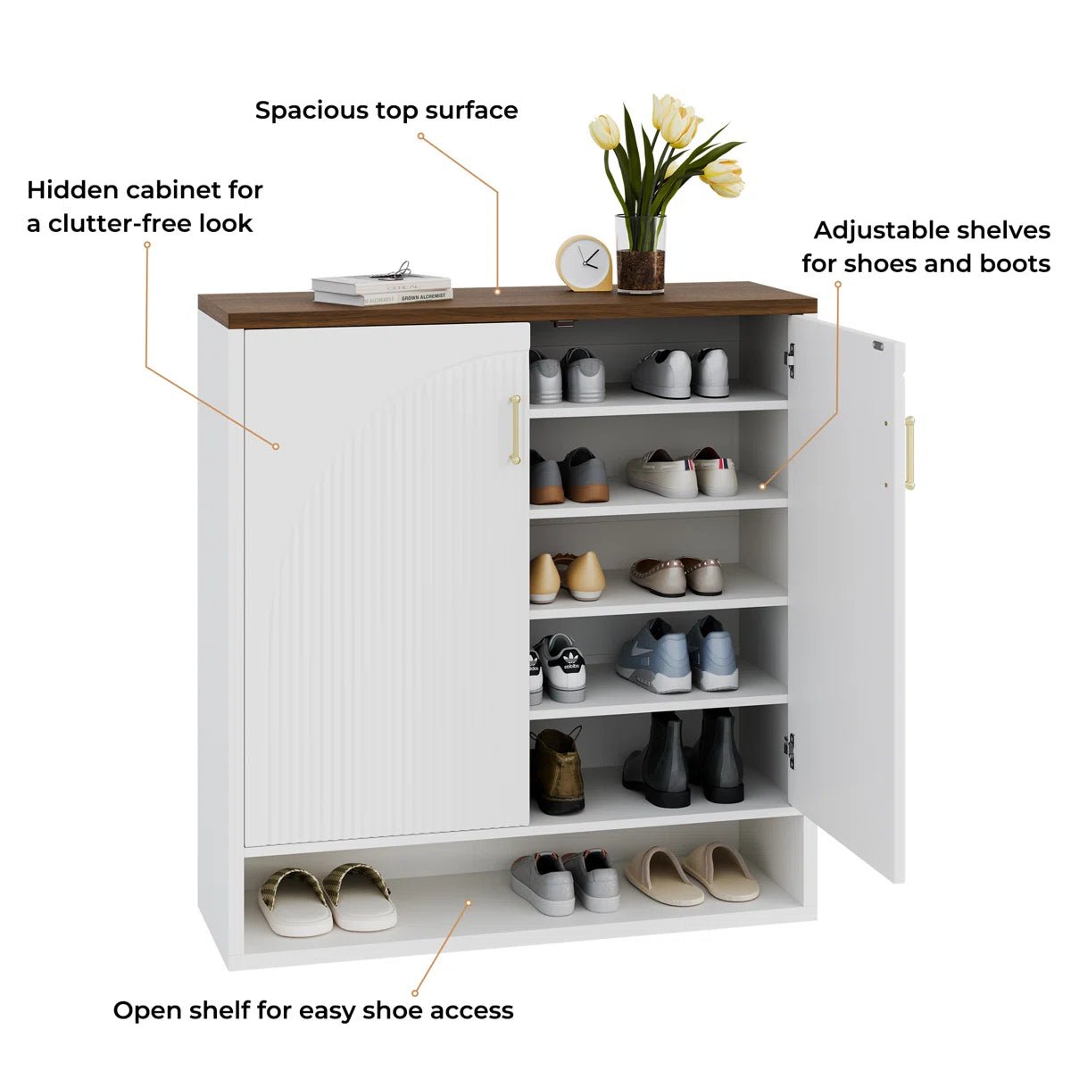 24 Pair Shoe Storage Cabinet with Adjustable Shelves - White/