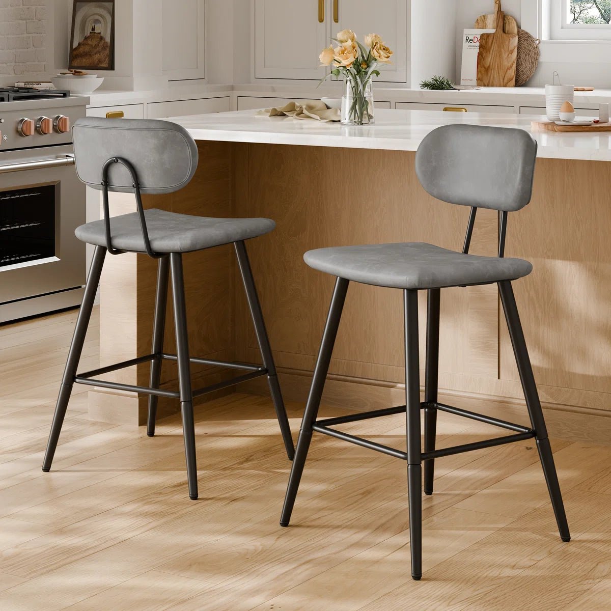 26.75" Leather Counter & Bar Stool with Large Seat and Back (Set of 2) - Gray/