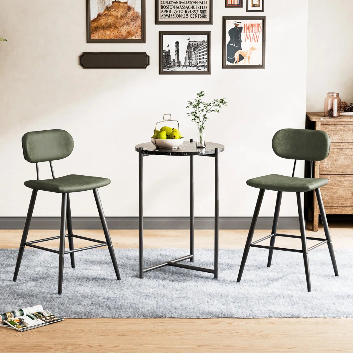 26.75" Leather Counter & Bar Stool with Large Seat and Back (Set of 2) - Gray/