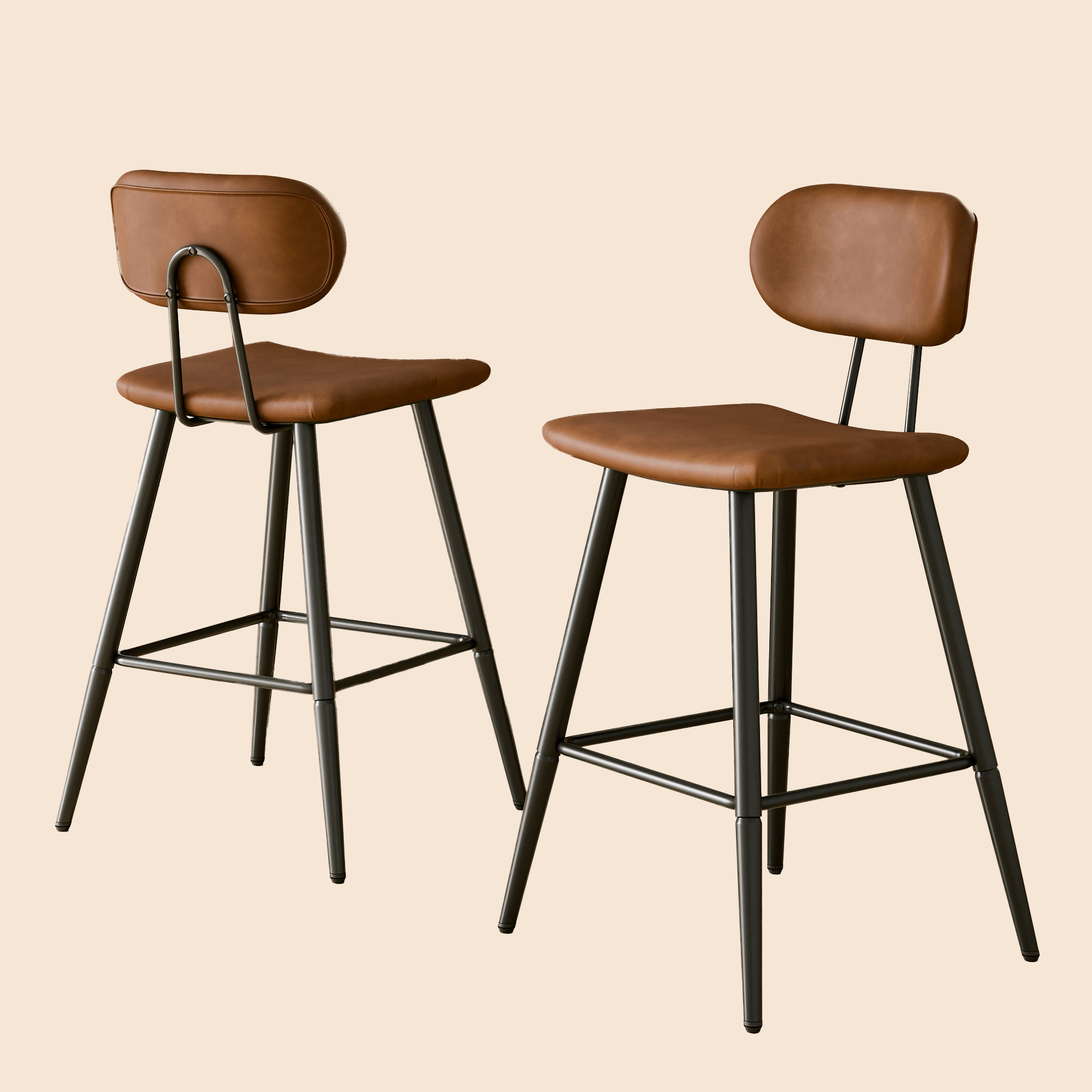 26.75" Leather Counter & Bar Stool with Large Seat and Back (Set of 2) - Brown/SW9804ALOGQ2
