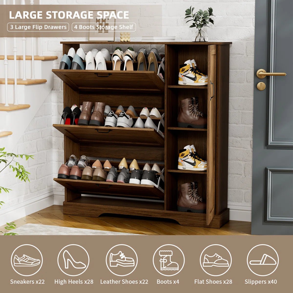 28 Pair Large Shoe Storage Cabinet with Adjustable Shelves - Brown/SW9716ABOS