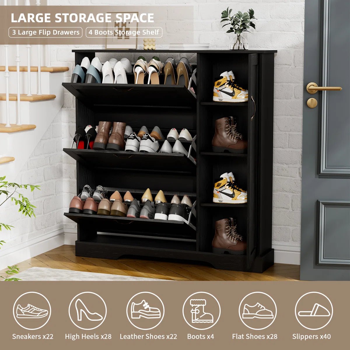 28 Pair Large Shoe Storage Cabinet with Adjustable Shelves - Black/SW9716ABKA