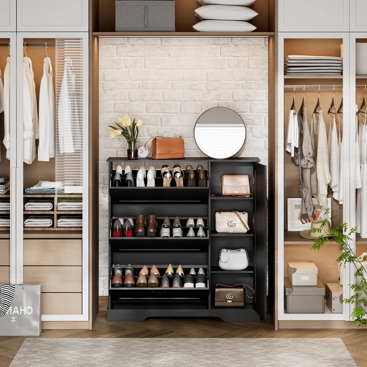 28 Pair Large Shoe Storage Cabinet with Adjustable Shelves - Black/SW9716ABKA