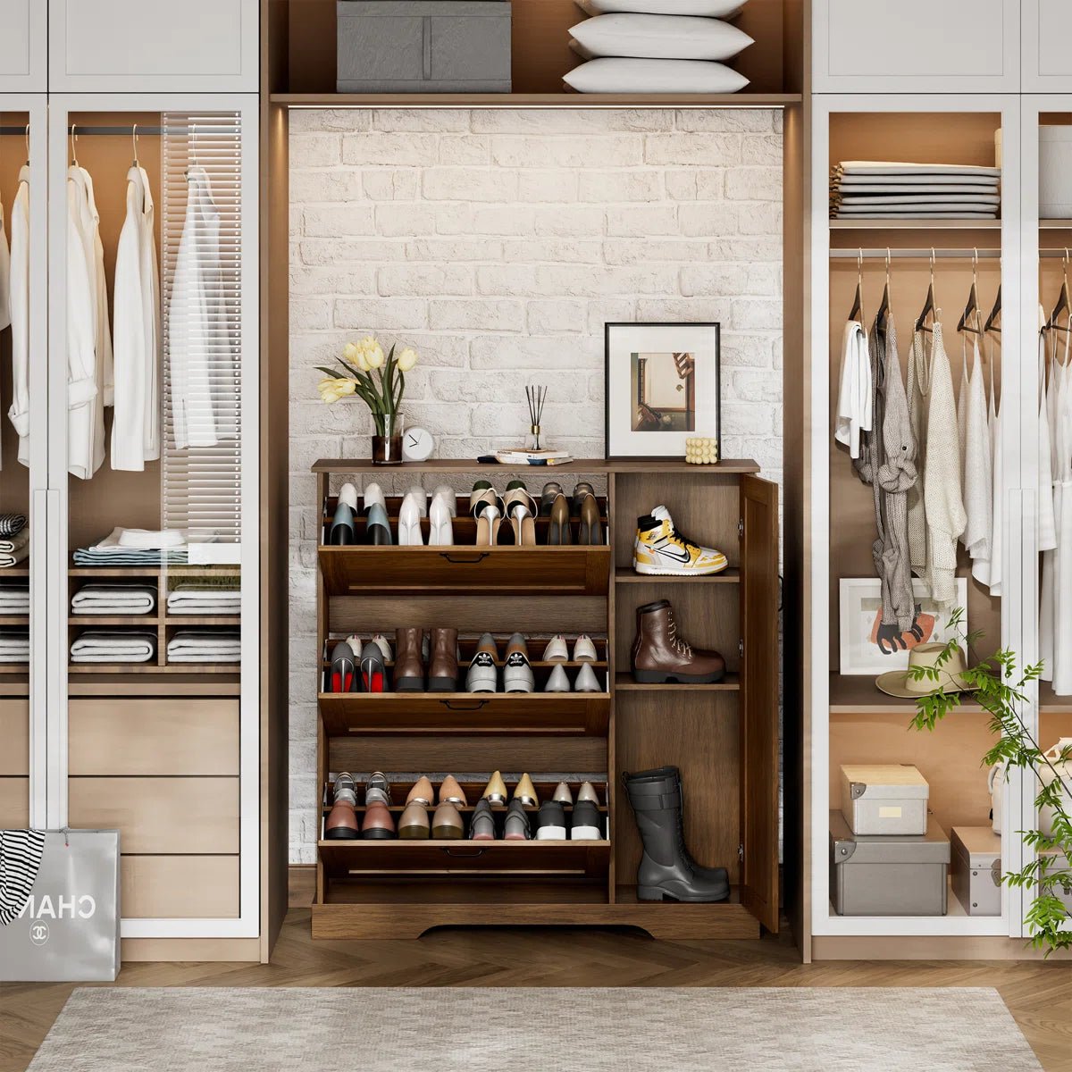 28 Pair Large Shoe Storage Cabinet with Adjustable Shelves - Brown/SW9716ABOS