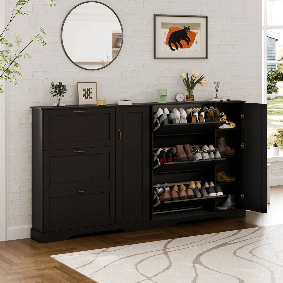 28 Pair Large Shoe Storage Cabinet with Adjustable Shelves - Black/SW9716ABKA