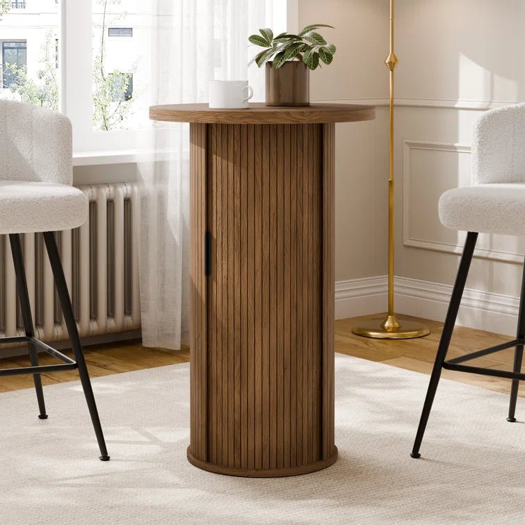 36'' Round Tambour Counter-Height Dining Table – Modern Wood Pedestal Base -Brown/SW9739AKTB