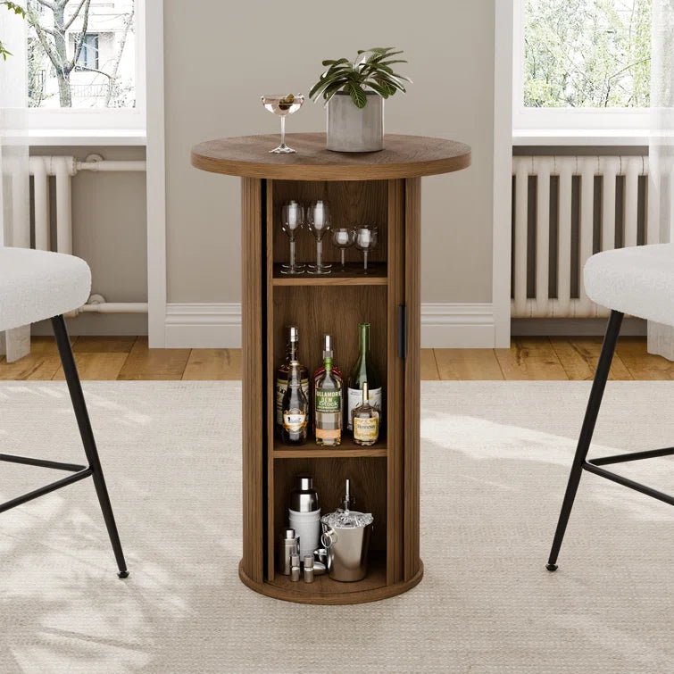 36'' Round Tambour Counter-Height Dining Table – Modern Wood Pedestal Base -Brown/SW9739AKTB