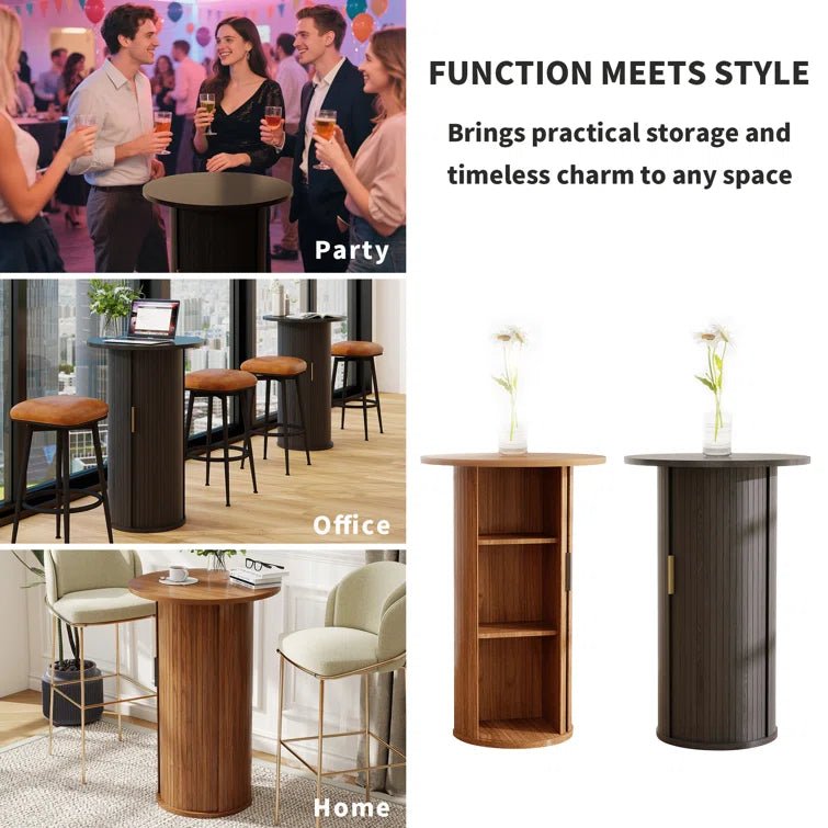 36'' Round Tambour Counter-Height Dining Table – Modern Wood Pedestal Base -Black/SW9739AKKB