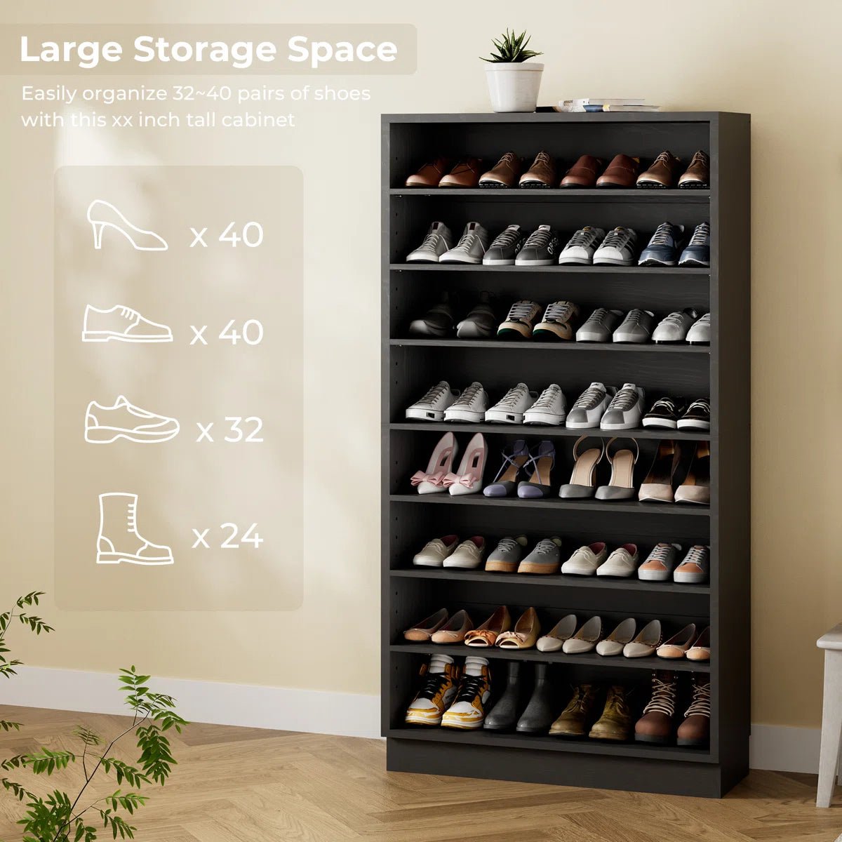 40 Pair Large Shoe Cabinet Shoe Rack with Adjustable Shelf -Black/SW9730ACKB