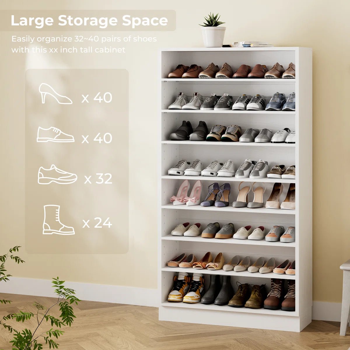 40 Pair Large Shoe Cabinet Shoe Rack with Adjustable Shelf -White/SW9730ACWR