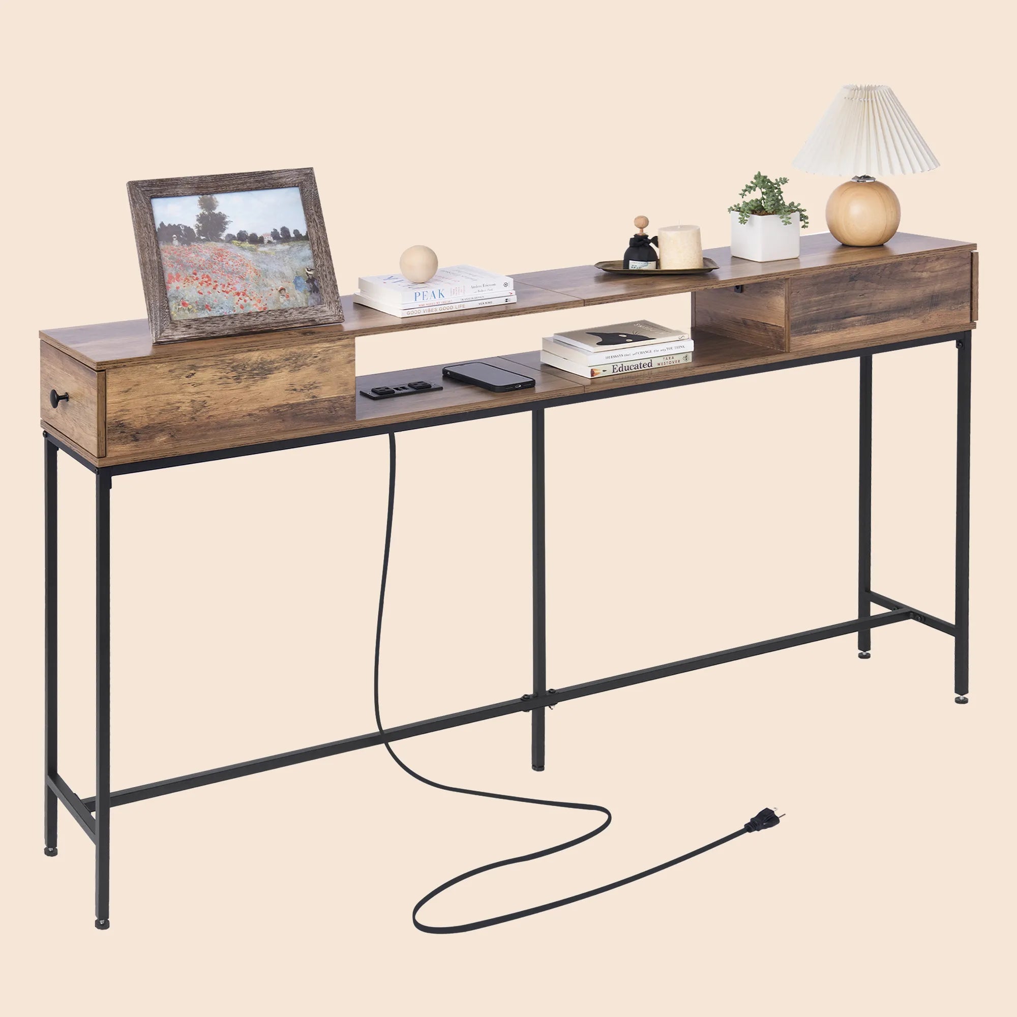 63" Console Table with Drawers and Outlets - Black/SW9715CKOS