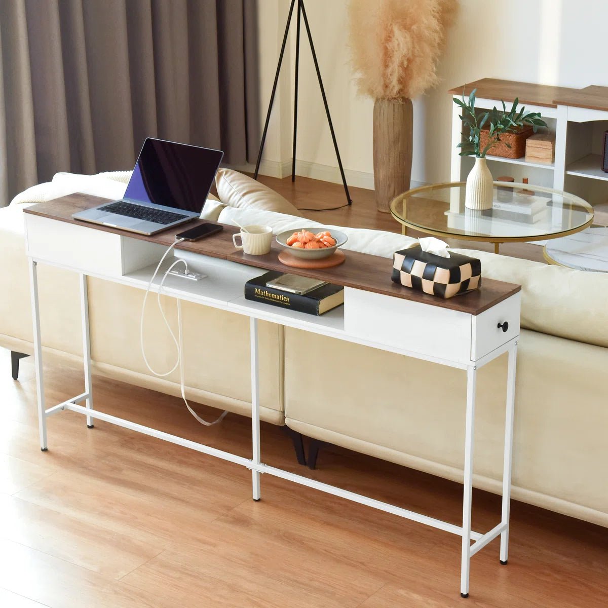 63" Console Table with Drawers and Outlets - White/SW9715CKWR