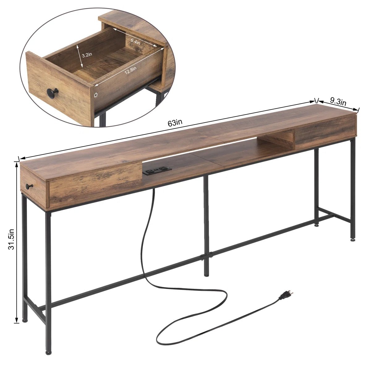 63" Console Table with Drawers and Outlets - Black/SW9715CKOS