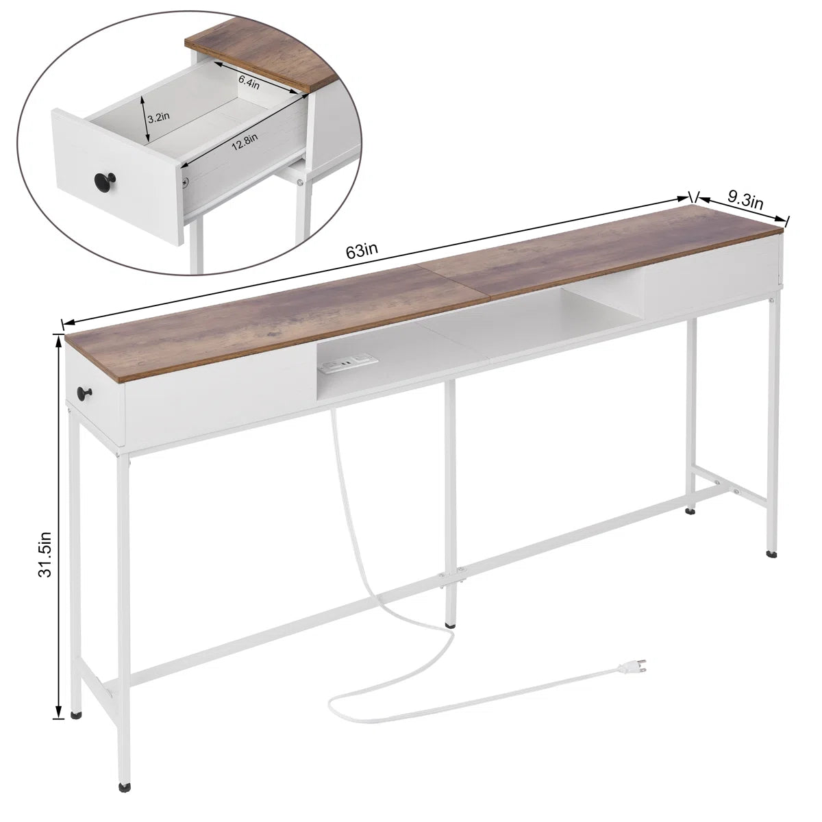 63" Console Table with Drawers and Outlets - White/SW9715CKWR