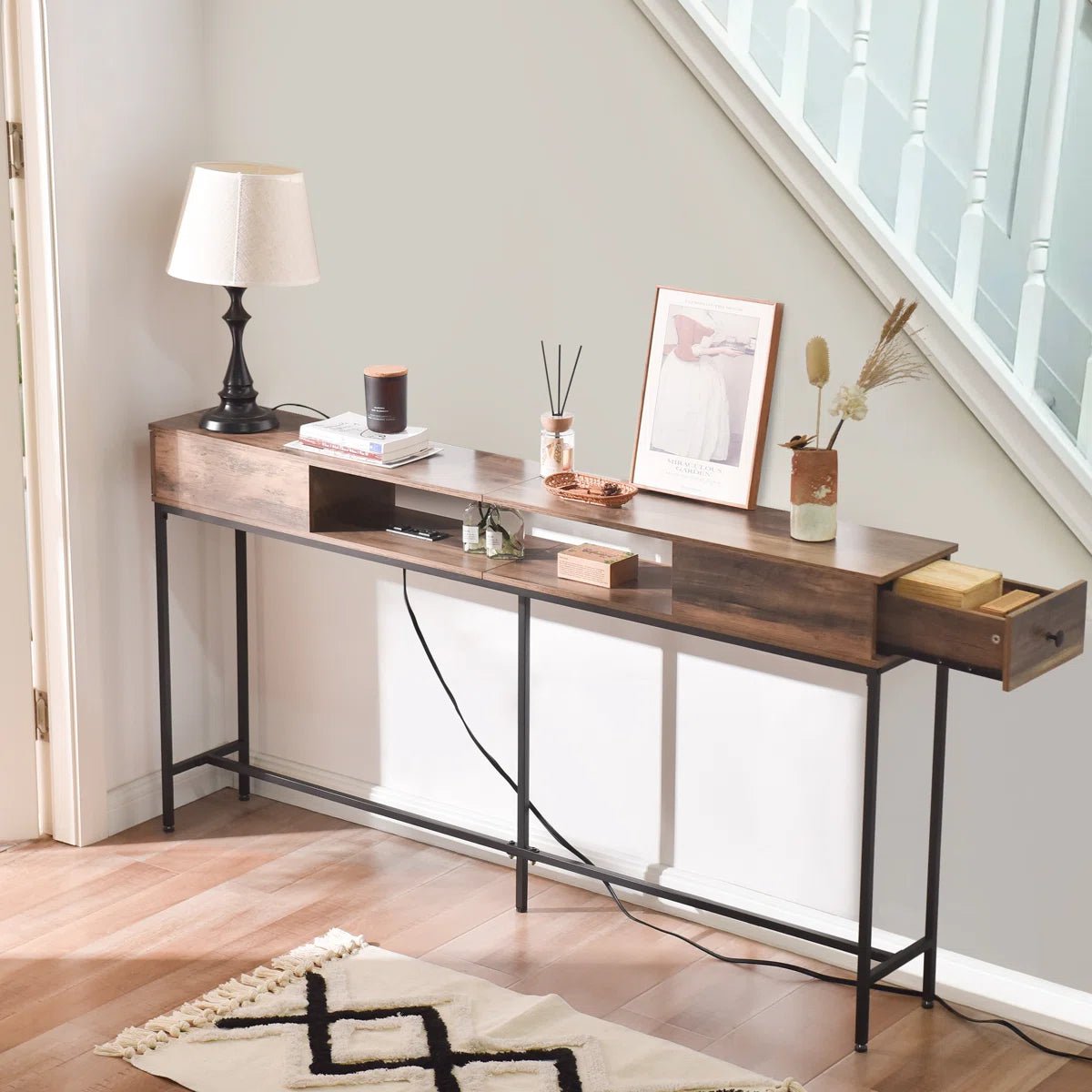63" Console Table with Drawers and Outlets - Black/SW9715CKOS